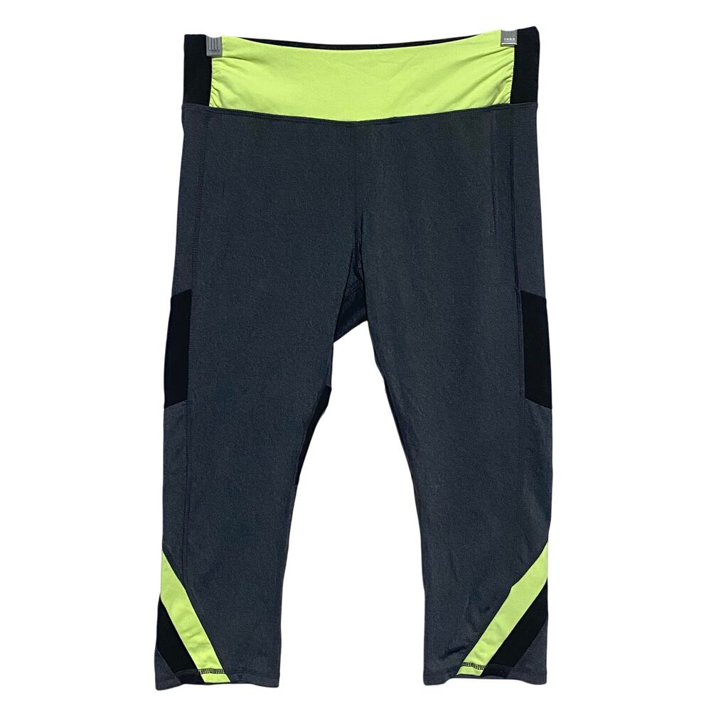 Kyodan Leggings Black Gray Neon Yellow Stripes Womens Medium M Zip Waist Pocket